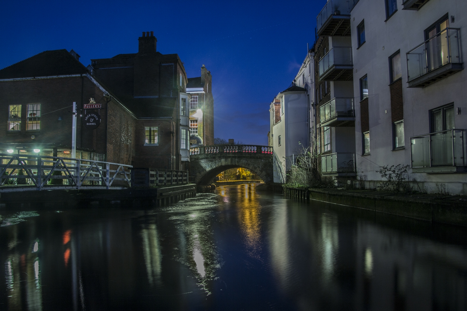 Kennet & Avon Canal - Newbury Town Bridge, and seen from the bottom of the Town Lock, at night.